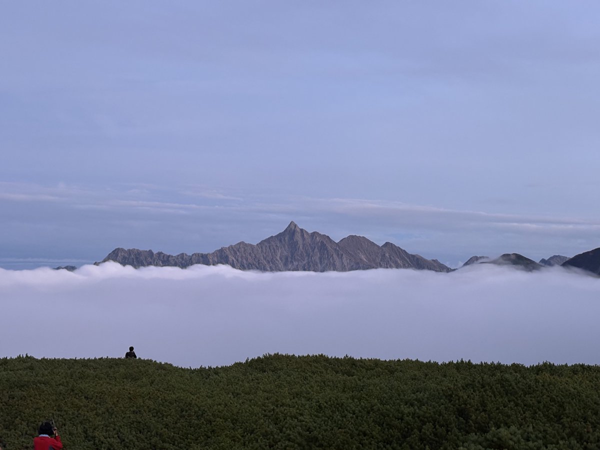 329star's tweet photo. 三俣山荘にて夕刻に姿を見せてくれた槍ヶ岳⛰️

雲海に浮かぶ姿が幻想的☺️✨

北鎌尾根ってこんな感じなんだ…とマジマジと見つめてしまった https://t.co/gli8C2hWpa