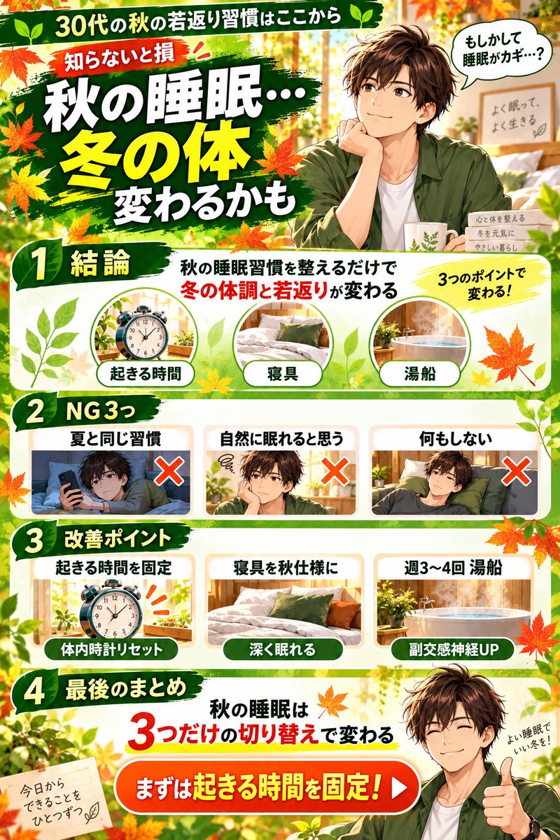 30Leafy's tweet photo. 夏と同じ睡眠習慣のまま秋を迎えてしまってる30代
秋は睡眠習慣を整える絶好のタイミングかもしれない

気温の低下で深い眠りに入りやすくなる今こそ
起きる時間を固定して寝具を切り替えて湯船に戻すだけで冬の体が変わる

まず起きる時間を毎日固定するだけから始めてみて！

#秋バテ #睡眠改善 https://t.co/A32tfloCGo