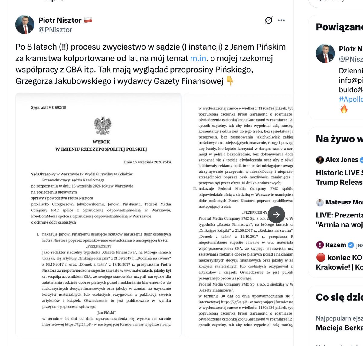 Jan_Pinski's tweet photo. .@pnisztor - nie kłam nie wygrałeś - wyrok jest nieprawomocny. Prawomocnie rzegrałeś w sądzie karnym, wyrok został wydany w sądzie cywilnym, wbrew stanowi faktycznemu, ze złamaniem procedury - bo Sąd Okręgowy nie wezwał stron do stanowiska. Co więcej wyrok stwierdza, że mam przepraszać jako naczelny za to iż Nisztor nie załatwiał rodzinie prace w spółkach skarbu państwa. A jak było to wszyscy z publikacji https://t.co/WXErtX9WSu 
https://t.co/bHRrpf50p9