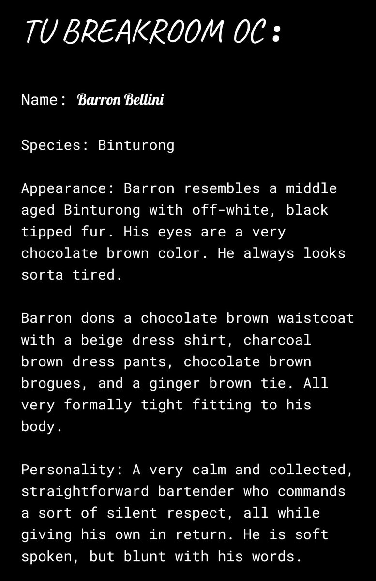 Calidor_Ferret's tweet photo. 🧵 (1/2)
Alright, I thought because everyone was hopping on the #ToonsUniverse Break Room OC trend, I thought I'd give it a go myself.  Introducing Barron Bellini, the Bartending Binturong! https://t.co/cDSlFt7V3O