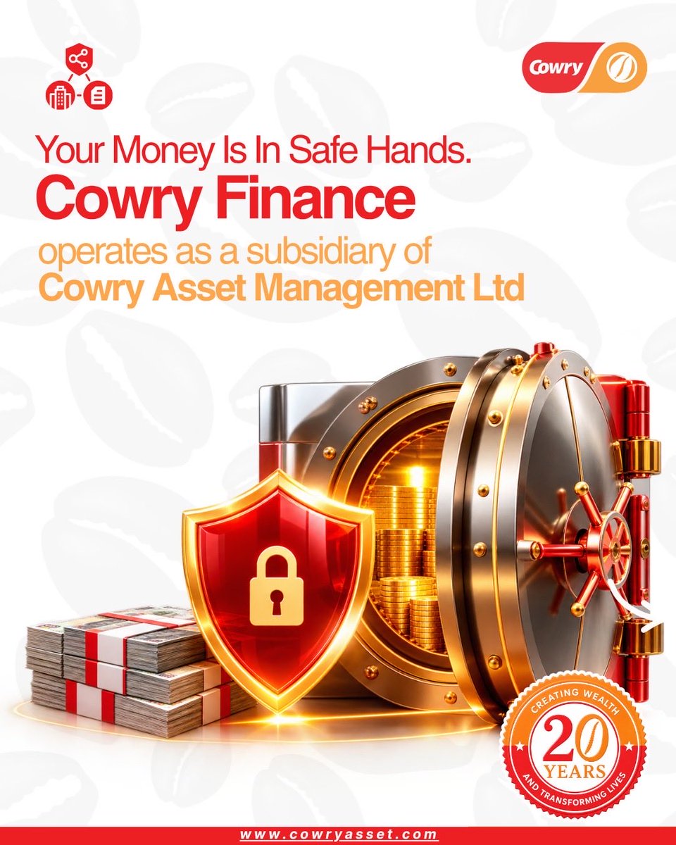 CowryFinance's tweet photo. Your money is in safe hands.

Cowry Finance Company Limited operates as a subsidiary of Cowry Asset Management Ltd, same trusted group, same 20-year legacy of creating wealth and transforming lives.

#CowryAsset #CowryFinance #OneGroup #20YearsOfTrust #creatingwealth https://t.co/2wS8pw3bVH