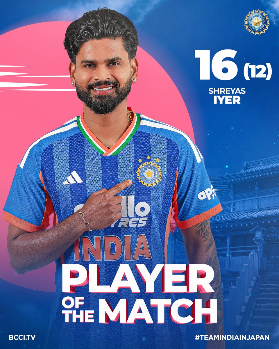 BCCI's tweet photo. A crucial knock under pressure earns #TeamIndia skipper @ShreyasIyer15 the Player of the Match award 👏

Scorecard ▶️ https://t.co/0YhYTwc8HS

#TeamIndiaInJapan | #JPNvIND https://t.co/LPQKoHPuKp