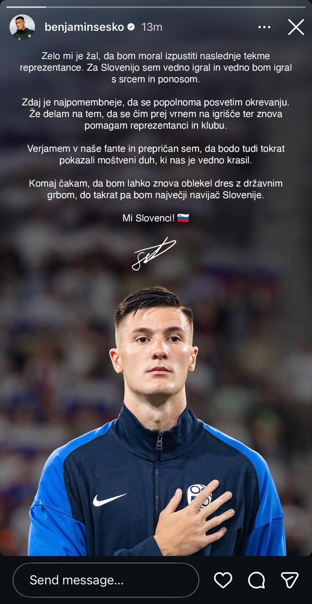 samuelluckhurst's tweet photo. Sesko on his Instagram: 'I  am very sorry that I will have to miss the national team's upcoming matches. I have always played for Slovenia - and always will - with heart and pride. Right now, the most important thing is to focus fully on my recovery. I am already working on getting back on the pitch as soon as possible to help both the national team and my club once again. I believe in our guys, and I am convinced that this time, too, they will display the team spirit that has always defined us. I can't wait to wear the national team jersey again; until then, I will be Slovenia's biggest fan. Go Slovenia!' #mufc