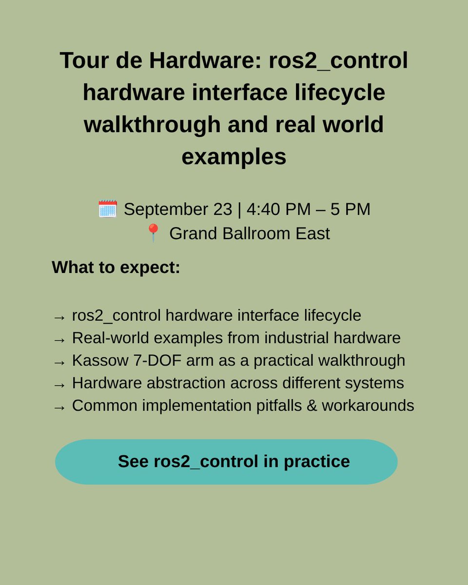 brobotized's tweet photo. See ros2_control in practice at ROSCon Global! 🤖⚙️

Join us tomorrow for a tour through the ros2_control hardware interface lifecycle with real-world examples from industrial robotics.

#ROSCon #ROSCon2026 #ROS2 #ros2control https://t.co/GCCW9l64mD