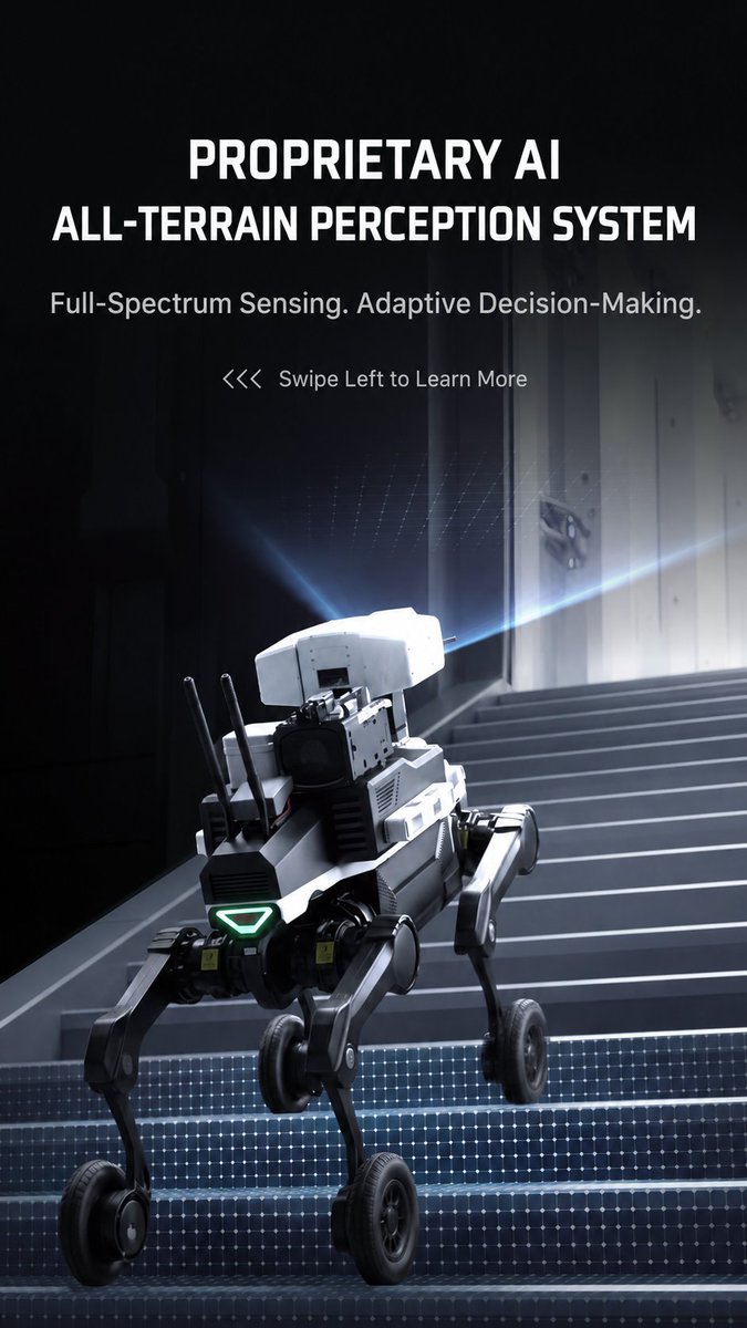 astralldynamics's tweet photo. Hypertron-SW01 Can Now Sense the Terrain Ahead and Automatically Adjust Its Steps
With upgraded autonomous perception, Hypertron-SW01 identifies obstacles, plans its steps, and adapts to challenging terrain.
#Astralldynamics #HypertronSW01 #QuadrupedRobot https://t.co/clrFBAIhly