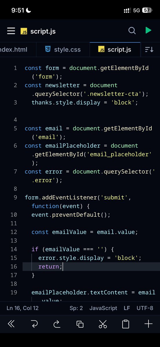 ComfortAjibodu's tweet photo. DAY 4 OF CODING WITH MY PHONE 🎀👩💻
Finally finished thisss 😭
Built a responsive newsletter sign-up page with HTML, CSS & JavaScript.
@github @frontendmentor @joseph_ajibodu
#30daysofcode #WebDevelopment #FrontendDevelopment #htmlcssjavascript #techgirl https://t.co/kfnp4P5FeH