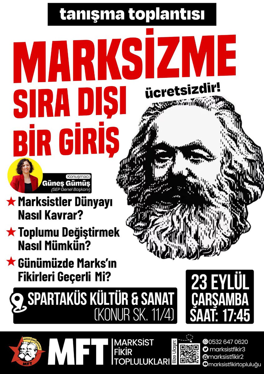 marksistfikir3's tweet photo. 📍 Ankara 

Yeni dönemde etkinliklerimize Sosyalist Emekçiler Partisi Genel Başkanı ve Barış Akademisyeni Güneş Gümüş'ün sunumuyla gerçekleştiriceğimiz "Marksizme Sıra Dışı Bir Giriş" başlıklı söyleşi ile başlıyoruz. Tüm sıra arkadaşlarımız davetlidir.

🗓️ 23 Eylül Çarşamba | 17.45 | Spartaküs Kültür Sanat Derneği (Konur Sokak 11/4)