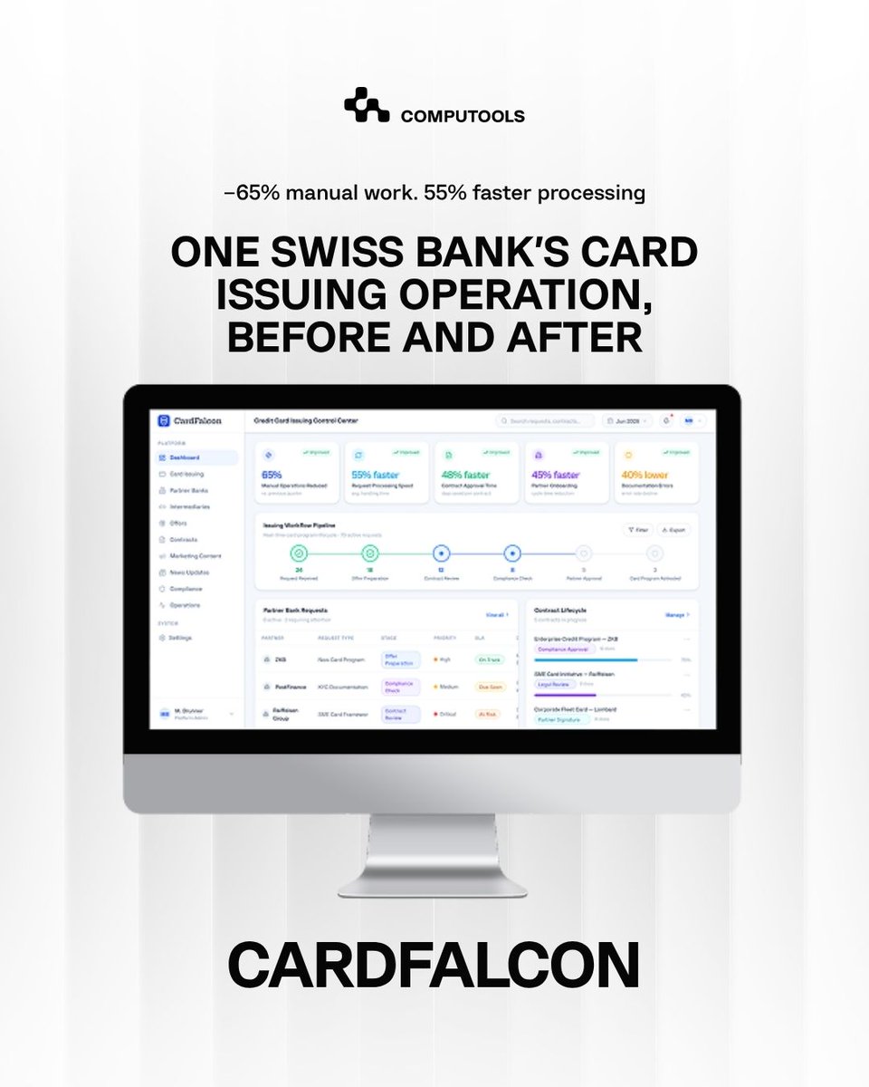 ComputoolsLLC's tweet photo. Card issuing shouldn't be the slowest part of a bank's product line. It's slow because of how many separate tools a single request has to pass through, not because the process itself is hard. Read the full case – https://t.co/hUsRhLvd0Z

#Banking #FinTech #DigitalBanking https://t.co/YKOP1mBGTq