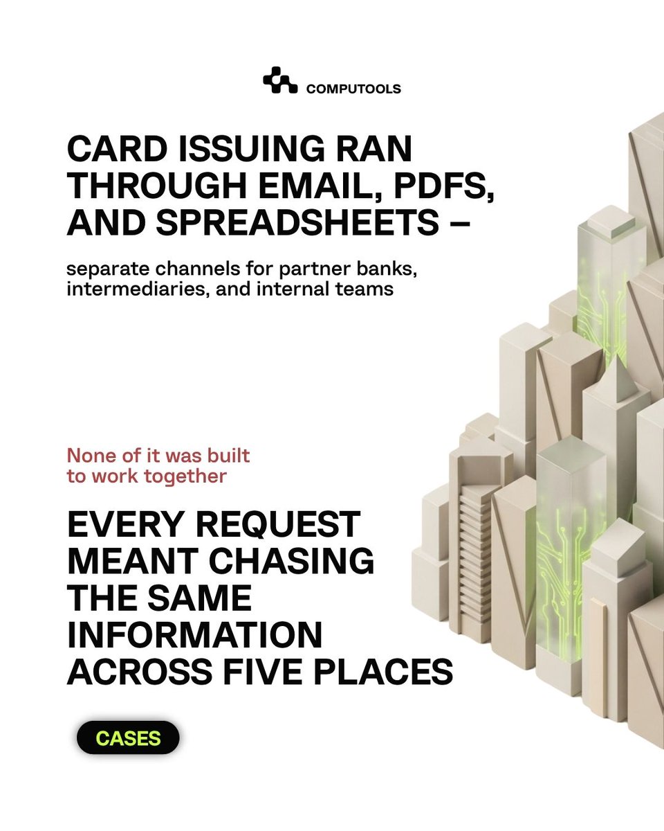 ComputoolsLLC's tweet photo. Card issuing shouldn't be the slowest part of a bank's product line. It's slow because of how many separate tools a single request has to pass through, not because the process itself is hard. Read the full case – https://t.co/hUsRhLvd0Z

#Banking #FinTech #DigitalBanking https://t.co/YKOP1mBGTq