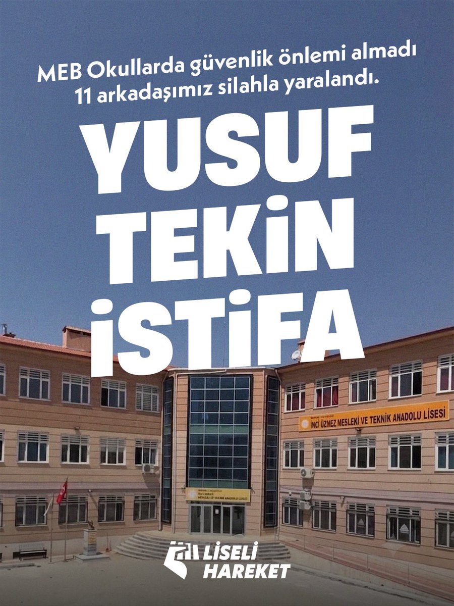 LiseliHareket's tweet photo. Bugün “okul güvenliği” bahanesiyle yeni tedbirler henüz açıklanmışken  Manisa Turgutlu’da bir lisede silahla ateş açılması sonucu 11 sıra arkadaşımız yaralandı.

Okullarda öğrencilerin can güvenliğini sağlayamayan Yusuf Tekin derhal istifa etmelidir. https://t.co/XDC5iKPFOP