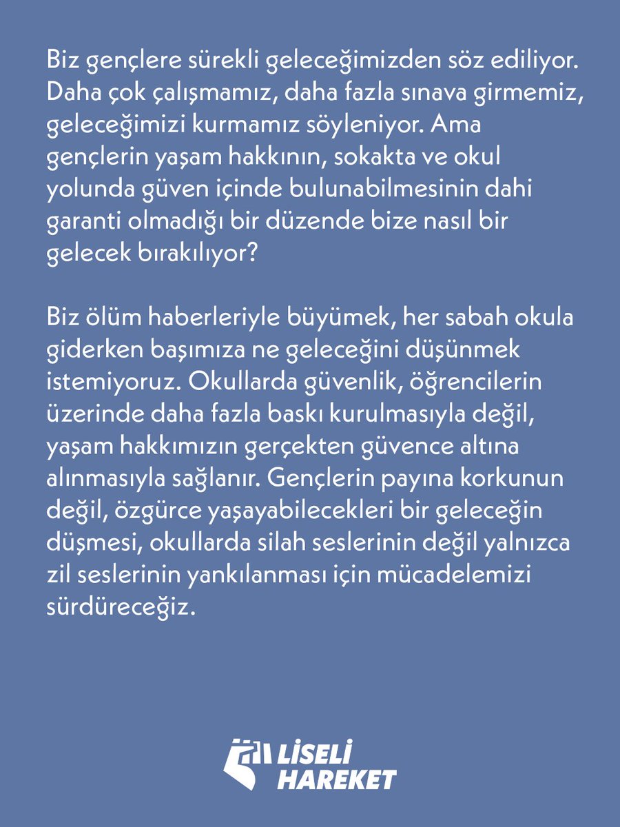 LiseliHareket's tweet photo. Bugün “okul güvenliği” bahanesiyle yeni tedbirler henüz açıklanmışken  Manisa Turgutlu’da bir lisede silahla ateş açılması sonucu 11 sıra arkadaşımız yaralandı.

Okullarda öğrencilerin can güvenliğini sağlayamayan Yusuf Tekin derhal istifa etmelidir. https://t.co/XDC5iKPFOP