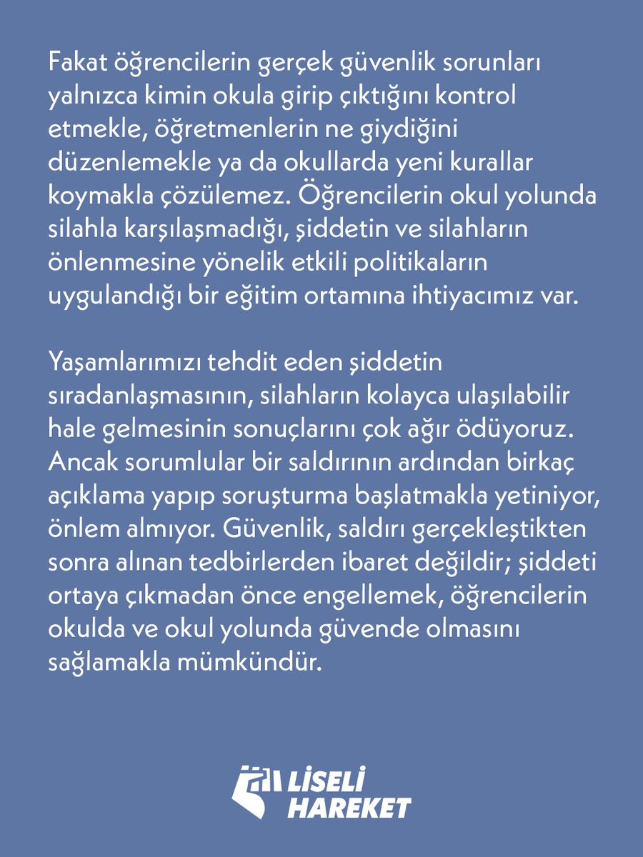 LiseliHareket's tweet photo. Bugün “okul güvenliği” bahanesiyle yeni tedbirler henüz açıklanmışken  Manisa Turgutlu’da bir lisede silahla ateş açılması sonucu 11 sıra arkadaşımız yaralandı.

Okullarda öğrencilerin can güvenliğini sağlayamayan Yusuf Tekin derhal istifa etmelidir. https://t.co/XDC5iKPFOP