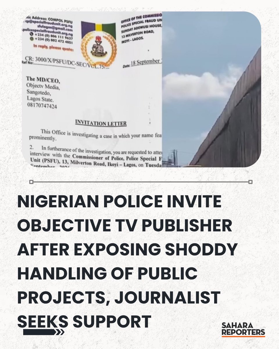 Ofk1son's tweet photo. Nigerian Police Invite Objective TV Publisher After Exposing Shoddy Handling Of Public Projects, Journalist Seeks Support. https://t.co/DnMAPSdzmC
