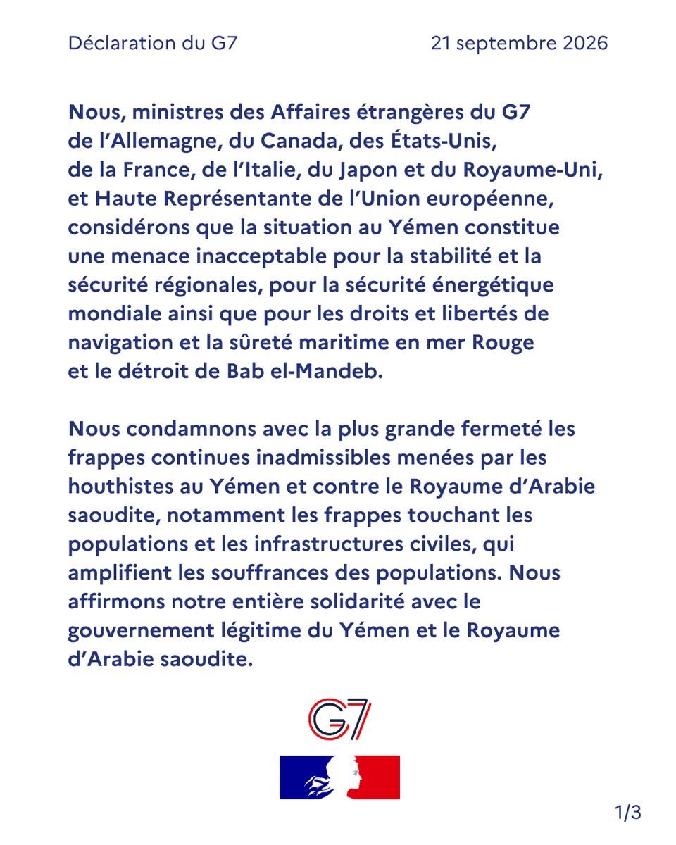 PorteParoleMEAE's tweet photo. #AGNU - Déclaration du @G7 sur le détroit de Bab el-Mandeb et les droits et libertés de navigation https://t.co/fx1DajEfOk