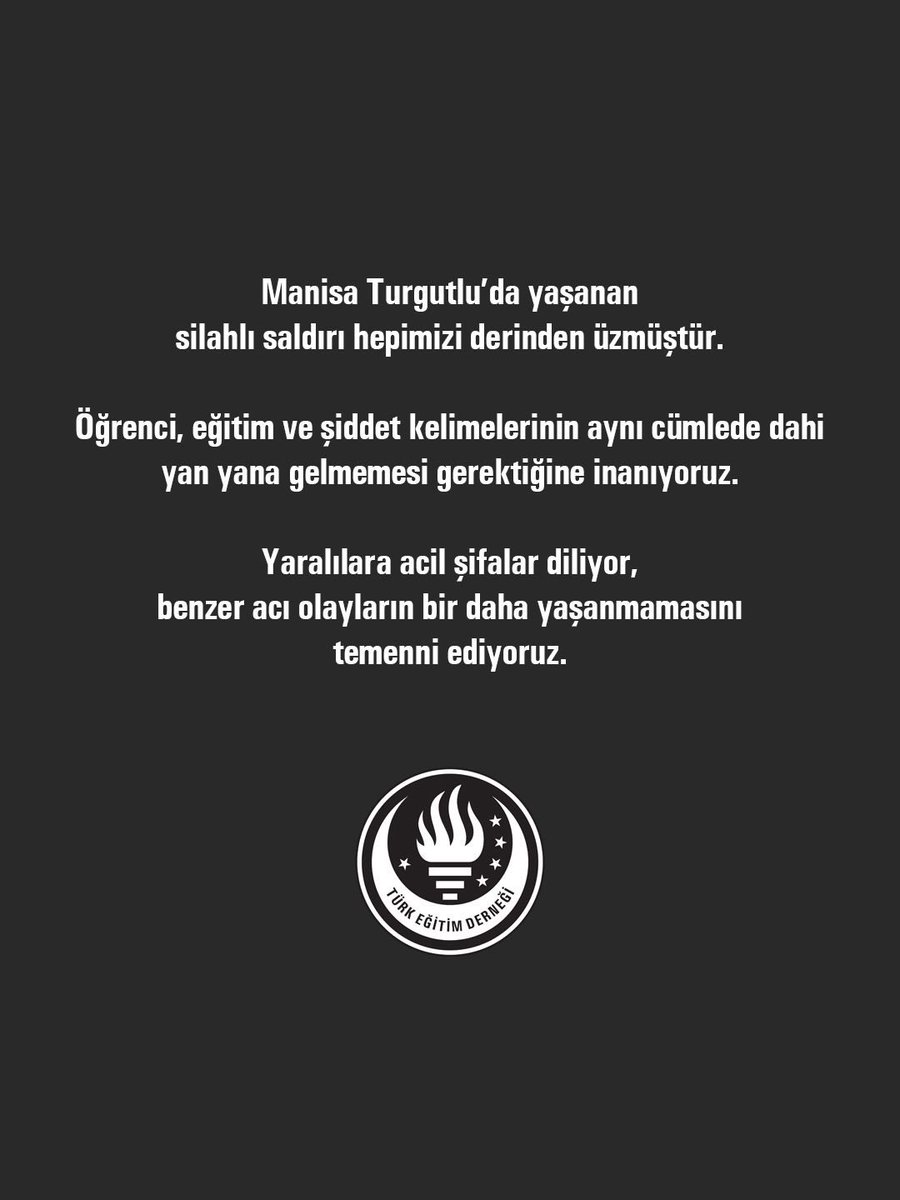 TED1928's tweet photo. Manisa Turgutlu’da yaşanan silahlı saldırı hepimizi derinden üzmüştür.

Öğrenci, eğitim ve şiddet kelimelerinin aynı cümlede dahi yan yana gelmemesi gerektiğine inanıyoruz.

Yaralılara acil şifalar diliyor, benzer acı olayların bir daha yaşanmamasını temenni ediyoruz.

#manisa https://t.co/j02VuJueGZ