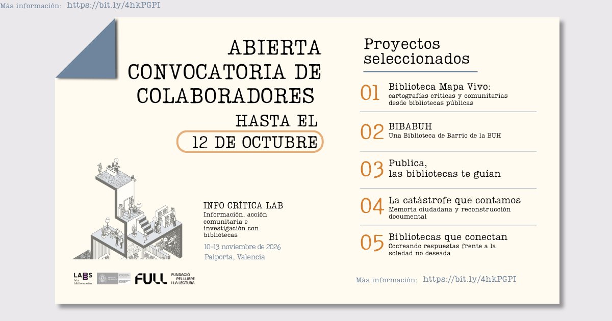 librolecturagob's tweet photo. Abrimos la convocatoria a colaboradores/as de Info Crítica Lab, laboratorio ciudadano donde se desarrollarán los proyectos seleccionados en torno a la información como herramienta comunitaria.
🗓️10 al 13 de noviembre- Paiporta.
Hasta el 12 de octubre 👇
https://t.co/EKKGMn7US9 https://t.co/lxXCIY6DF6