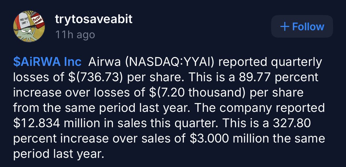 LUVTOKENIZATION's tweet photo. $YYAI reported quarterly losses of $(736.73) per share. This is a 89% increase over losses of $(7.20 thousand) per share from the same period last year. The company reported $12M in sales this quarter. This is a 327.80 percent increase over sales of $3M the same period last year. https://t.co/ne0MEh1z1a