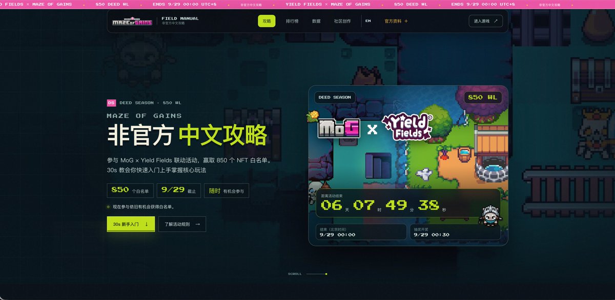 0xEcho99's tweet photo. 我花两天时间做了一个 MoG 攻略网站，帮助大家快速了解如何掌握玩法拿到 @YieldFields_RH 的白名单

这两天在玩 MoG 这个游戏真的有点上头了，玩下来发现小白想拿 @YieldFields_RH 的白名单其实不难。难的是没有简单直白一点的玩法介绍，看攻略文章也比较头疼。

所以我做了一个攻略网站，支持中英双语切换，让大家一分钟就能上手。

只要掌握了核心玩法，新人参与进来非常简单，完全不肝。而且主要依靠买钥匙来获取金玉米，钥匙可以一次使用最多 100 把，即使最后一天参与也是来得及的。

而且玩游戏通关还有机会获得紫色水晶/王座，都是可以直接兑换成 USD 奖励的，运气好的话甚至可以直接回本和赚钱。

网站涵盖了几大部分内容：

1. 活动介绍

介绍本次 850 个白名单的排行榜、抽奖两大奖池细则和参与方式。核心就是拿到更多的金玉米或 Eve 道具，建议可以留到最后再判断投入哪个奖池。

2. 玩法教程

通过动画演示的方式帮助大家 30s 快速上手了解怎么玩，学会闪避->攻击和选择天赋之后，会发现通关真的很简单。

3. 游戏图鉴

涵盖天赋作用介绍和推荐、道具作用、怪物数值和攻击范围图鉴等。

4. 实时排行榜单

每 30 分钟更新一次游戏榜单数据，帮助大家了解活动参与最低的获奖门槛和抽奖的概率。

5. 数据仪表盘

同步了 @skarly 发布的活动数据仪表盘，可以清晰看到参与人数、还没投入的金玉米、Eve 道具数。根据这个可以大概预估进入排行榜底部需要的金玉米或者 Eve 道具数。

6. 社区创作专区

手动收集了部分社区成员创作的内容到网站栏目，如果你希望把自己的内容提交上去，也可在网站底部提交表单，审核后即可同步。

网站我放在评论区了👇，如果觉得对你有帮助的话，非常感谢您的点赞转发和互动。