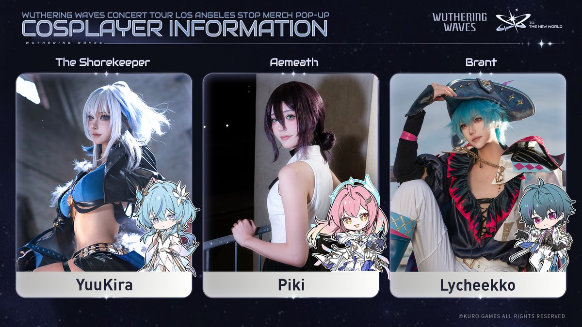 Wuthering_Waves's tweet photo. Wuthering Waves Concert Tour: To the New World is bringing a special Merch Pop-Up to Los Angeles! 
Join us on October 17–18 for official merchandise, Pop-Up Rewards, cosplayer photo opportunities, and more!
 
📍 Address:
1201 S Hope St Ste 124, Los Angeles, CA 90015
🗓️ Sales Hours:
Oct 17: Sales start at 11:00 AM; new queue cutoff at 7:00 PM
Oct 18: Sales start at 10:00 AM; new queue cutoff at 6:00 PM
 
Check out the images for the full merch lineup, featured cosplayers, event rewards, and more event details!
 
🎟️ Haven't secured your concert ticket yet?
Get yours now and join us at Peacock Theater on October 17!
Tickets: https://t.co/sioRg1BeYH
 
Rovers, stop by and join in the Los Angeles stop with us! 💫
#WutheringWaves #TotheNewWorld #WuWa2026WorldTour