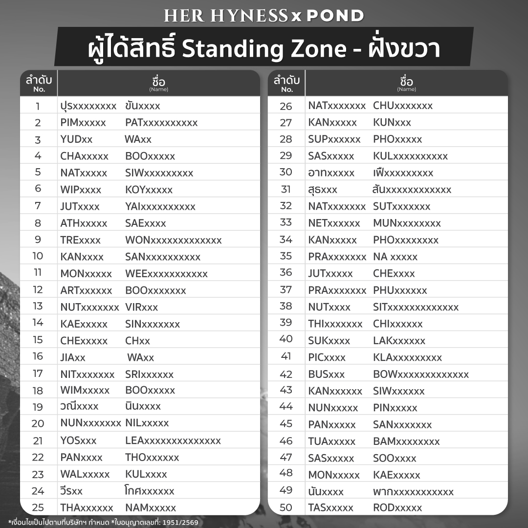HerHynessBeauty's tweet photo. 📢 ประกาศรายชื่อผู้ได้รับสิทธิ์ Standing Zone (จำนวน 200 ท่าน)

ตรวจสอบรายชื่อผู้ได้รับสิทธิ์ได้ที่ภาพ/ลิงก์ด้านล่างนี้ได้เลยค่ะ! 👇

⚠️ รายละเอียดและการจัดลำดับเข้าพื้นที่:
-รายชื่อทั้งหมดเรียงตาม "ความไวในการกดส่งฟอร์มลงทะเบียน" 
-ทางทีมงานได้แบ่งโซนยืนฝั่งซ้าย และ โซนยืนฝั่งขวา ตามความเหมาะสม
-ทีมงานจะมีการ "มาร์คจุดยืน" ให้ตามลำดับสิทธิ์ เพื่อความเป็นระเบียบและให้ทุกคนได้รับประสบการณ์ที่ดีที่สุด

📲สามารถยืนยันตัวตนและสิทธิ์การเข้าร่วมงานผ่าน Customer Service ทาง LINE Official Account Her Hyness แอดไลน์ @herhyness ได้ตั้งแต่วันที่ 22 กันยายน 2569 เวลา 18.00 ถึงวันที่ 23 กันยายน 2569 เวลา 18.00 น. 
🤍สิทธิ์การเข้าร่วมงานจะสมบูรณ์ต่อเมื่อผ่านการตรวจสอบและได้รับการยืนยันจาก Customer Service แล้ว 

ขอแสดงความยินดีกับทั้ง 200 ท่านด้วยนะคะ! แล้วเจอกันวันงานค่า🤍

#HerHynessNo1Mask
#HerHynessxPond #HerHyness #No1CleanBeauty