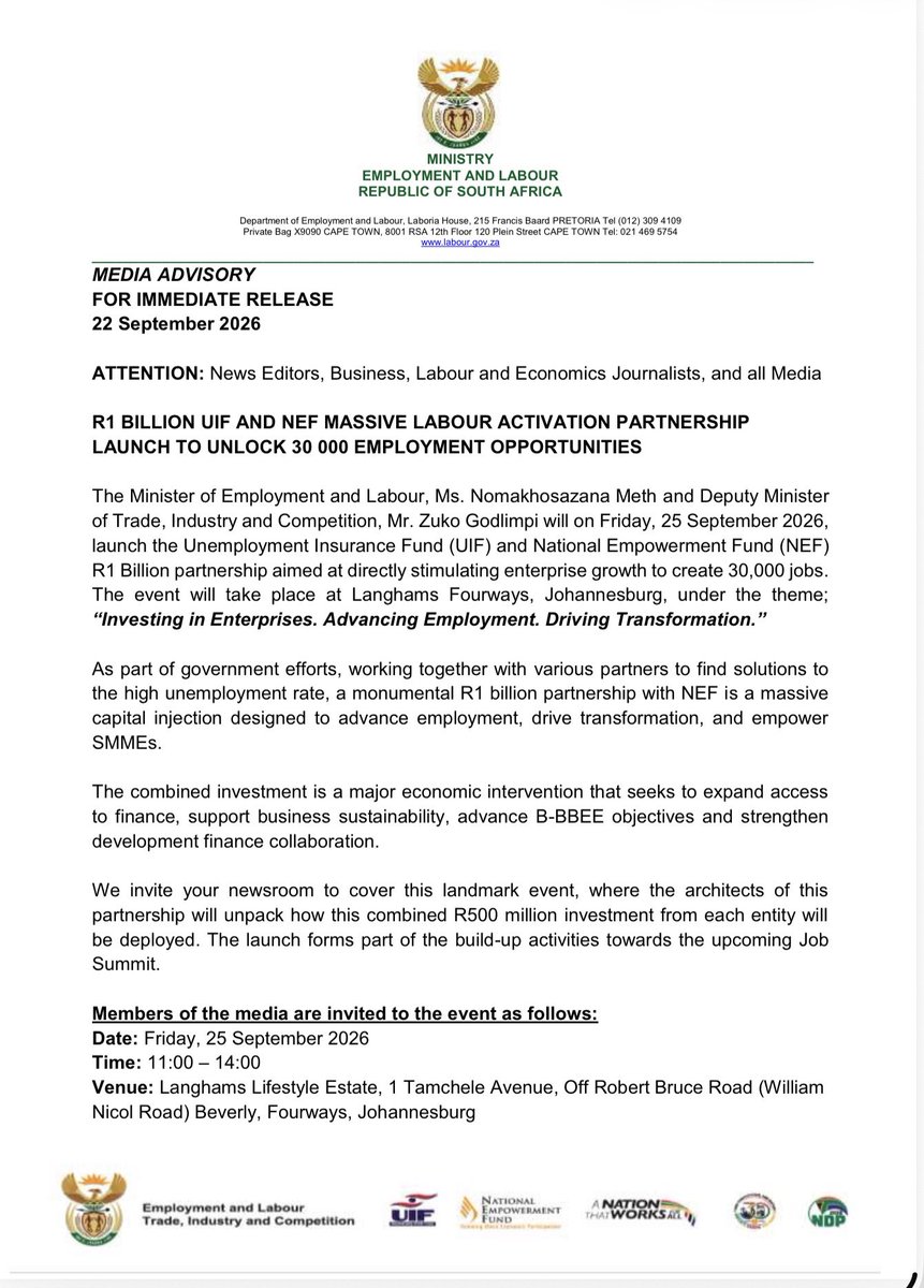 deptoflabour's tweet photo. R1 billion UIF and NEF massive labour activation partnership launch to unlock 30 000 employment opportunities
https://t.co/Rjyr2cc8SK
#Yazini #ServicedeliveryZA #GovZAUpdates #HeritageMonth2026 https://t.co/1AGo1jcS9t