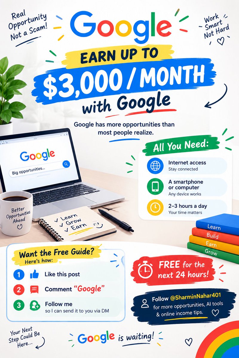 SharminNahar401's tweet photo. You can post it in a fresher X style like this:

Google has more opportunities than most people realize. 👀

You only need:

🌐 Internet access
📱 A phone or computer
⏳ 2–3 hours of your time

I’ve put together a simple guide to help you explore the opportunity.

Want the free guide? 👇

❤️ Like this post
💬 Comment “Google”
➕ Follow me so I can send it to you via DM

Follow @SharminNahar401 for more AI & online-work resources. 🚀
