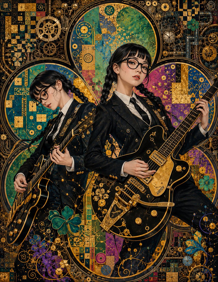AnatoleRecords's tweet photo. For lovers of Dark Academia and Gothic Rock aesthetics: where classical gold leaf meets mechanical grit.

Two braided guitarists in sharp black suits, performing inside a giant clockwork mosaic.

Drop a song recommendation in the replies that fits this visual energy. https://t.co/9Y8QxRY9jI