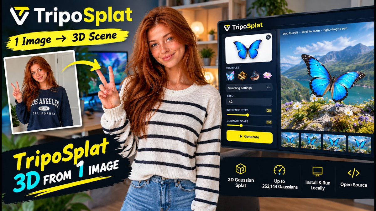 VFXDESK's tweet photo. TripoSplat の導入解説動画が公開、画像1枚から3Dガウシアンを作る MIT のモデルを仮想環境に入れて動かすまでを6分34秒でなぞる

AiThatSpeaks が2026年9月18日、TripoSplat をローカルへ入れて動かすまでを追う6分34秒の解説動画を YouTube へ公開した。

#TripoSplat #ComfyUI https://t.co/I6q0DLLD6b