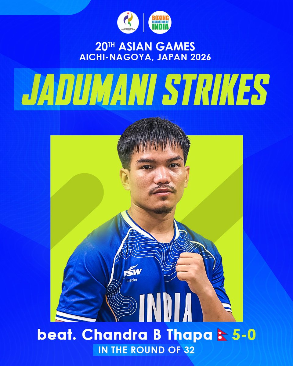 BFI_official's tweet photo. 🥊Jadumani Singh marches on! 🇮🇳🔥

The 55kg boxer secured a 5-0 win over Nepal’s Chandra Bahadur Thapa to advance to the Round of 16 at the 2026 Asian Games. 🇮🇳

#IndianBoxing #2026AsianGames https://t.co/b6GZtaXw4R