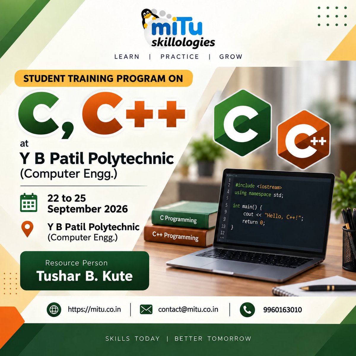 mitu_group's tweet photo. #MITUSkillologies #CProgramming #CPPProgramming #CPlusPlus #Programming #Coding #ProgrammingSkills #ComputerEngineering #StudentTraining #TechnicalTraining #SkillDevelopment #HandsOnLearning #CodingSkills #SoftwareDevelopment #TechEducation #PolytechnicStudents #YBPatilPolytechni https://t.co/0ipAqO1eTj