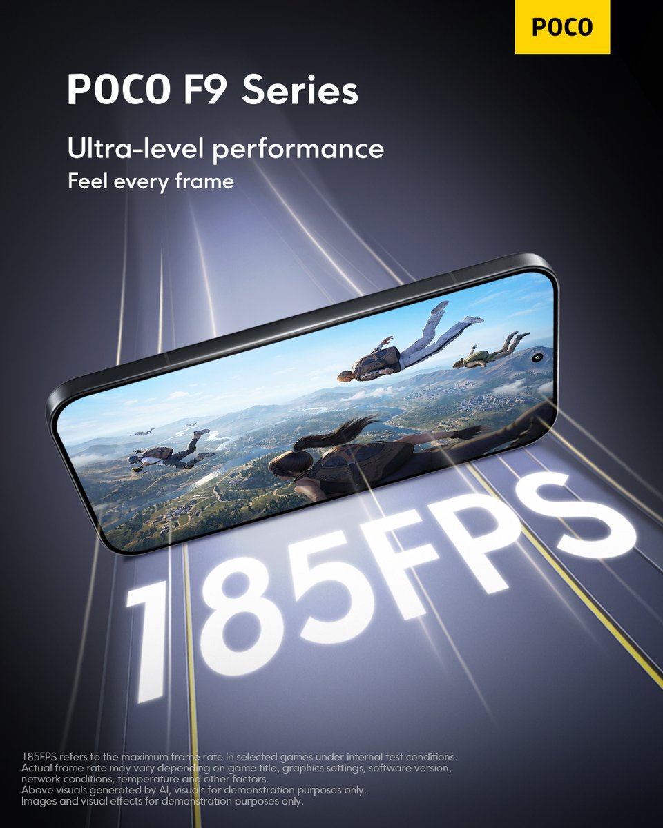 POCOGlobal's tweet photo. Every frame moves faster, smoother, and brighter. ๐ฅ
Experience up to 185FPS on the #POCOF9Series. https://t.co/hJEOxAuVQn