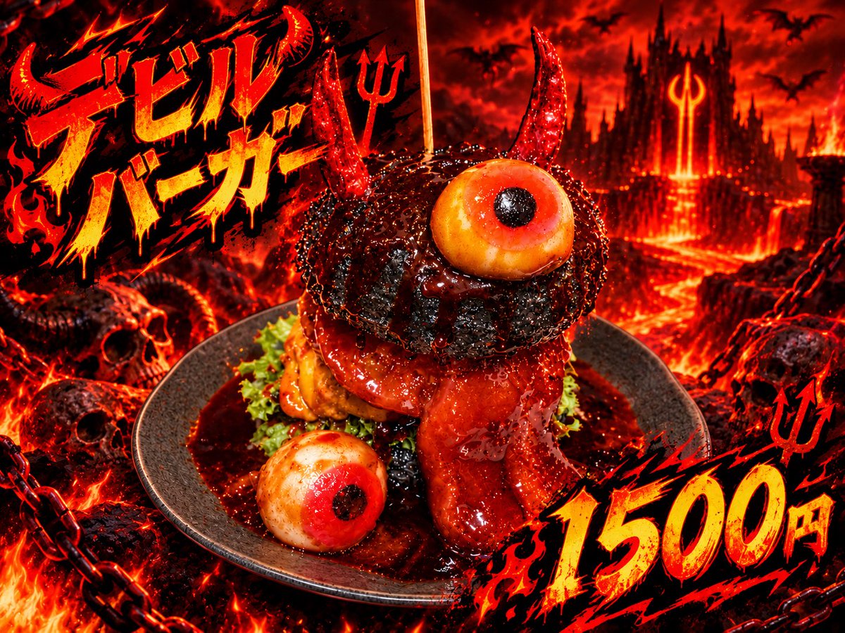 Jooooo0r's tweet photo. 背景つけてお皿の色を変えてみました！
材料費950円くらいなので売るなら1500円くらいになっちゃうねwポテトジュースせっとで1800円(高っw)！！
見た目も味もカオスなデビルバーガー👿🍔
地獄にお越しの際は是非ご賞味あれ✨ https://t.co/O4OUoytx1N