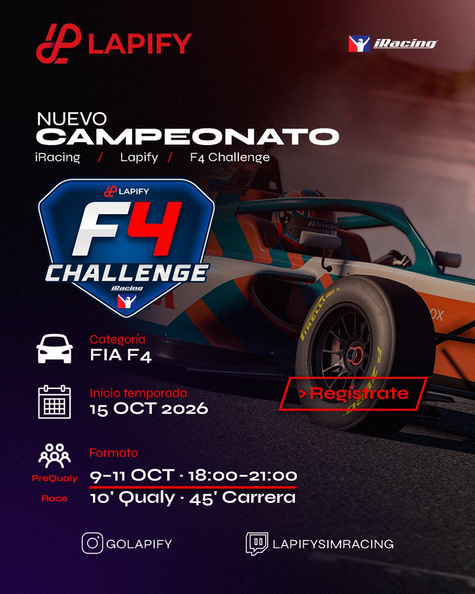 GoLapify's tweet photo. 6 rondas. 32 plazas. Una temporada.

Lapify F4 Challenge abre inscripciones el 25 de Septiembre.

FIA F4 · iRacing · carreras de 45 min · estrategia · clima variable · Safety Car manual · Premios

Primera cita: 15 OCT — Algarve

🔗 https://t.co/TJEPdn4emH

#Lapify #iRacing #F4 https://t.co/A4VLCq0r76