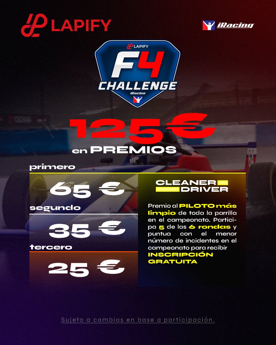GoLapify's tweet photo. 6 rondas. 32 plazas. Una temporada.

Lapify F4 Challenge abre inscripciones el 25 de Septiembre.

FIA F4 · iRacing · carreras de 45 min · estrategia · clima variable · Safety Car manual · Premios

Primera cita: 15 OCT — Algarve

🔗 https://t.co/TJEPdn4emH

#Lapify #iRacing #F4 https://t.co/A4VLCq0r76