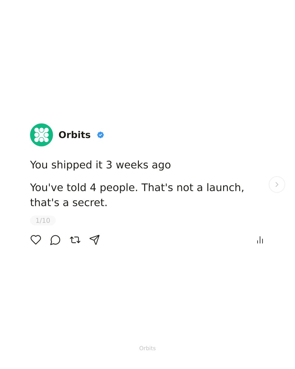 Orbits_startups's tweet photo. You built the thing. You posted once. That's a launch in the same way a text is a marketing plan.

The founders getting buyers this month aren't posting more. They're posting 5 platforms off one update.

Is distribution the part you keep avoiding? https://t.co/qnUDUHOVtT