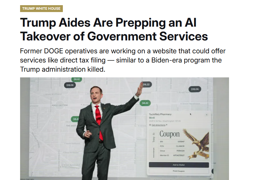 Cartieronchain's tweet photo. SO FUCKING HUGE

U.S. government may be developing https://t.co/QhKdtzmvXk, a broader digital platform for accessing federal services.

Literally TRUMP are prepping an AI TAKEOVER

source news : https://t.co/r0qEvcjYnK

Verge source
https://t.co/atEYkunll3 https://t.co/unXmDv7n0E