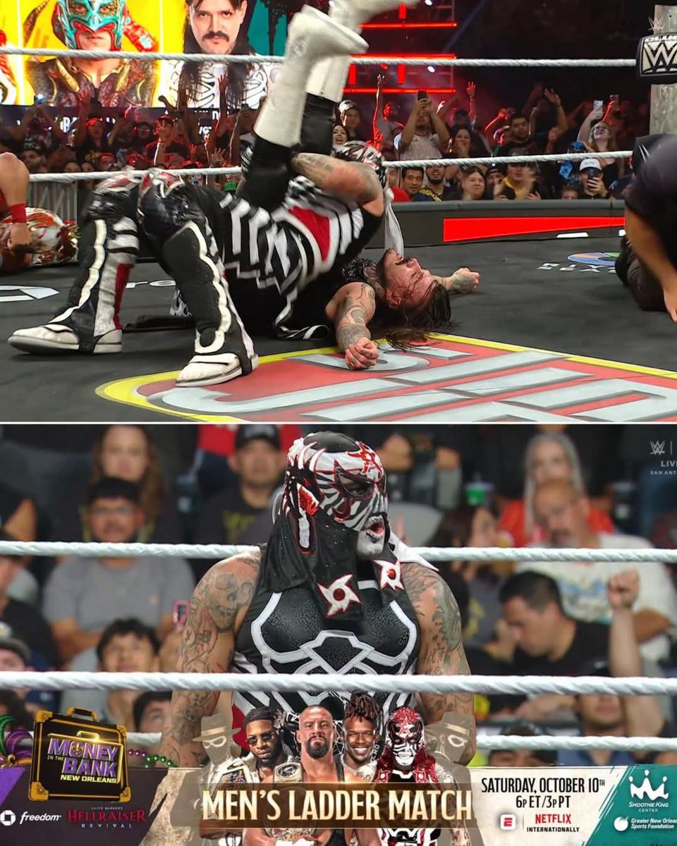 wrestleSzn01's tweet photo. Penta defeats Dominik Mysterio &amp; Dragon Lee to qualify for the Money in the Bank Match.

MITB Lineup so far:
• Bron Breakker
• Je’Von Evans
• Trick Williams
• Penta https://t.co/NCiQoTPIDf