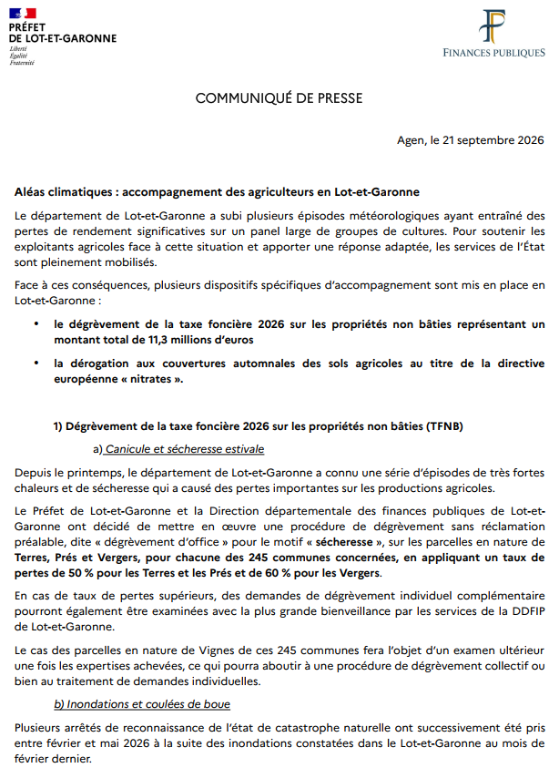 Image de Préfet de Lot-et-Garonne - #planCASI l Aléas climatiques : accompagnement des agriculteurs lot-et-garonnais

Face aux pertes ag