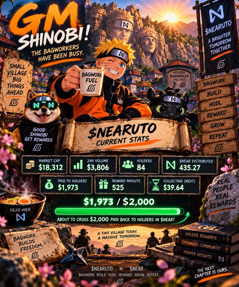 Nearuto_'s tweet photo. GM FROM THE HIDDEN BAGWORKER VILLAGE ☀️🥷🍥

WAKE UP SHINOBI — THE BAGWORKERS HAVE BEEN BUSY. 😂🔥

Current $NEARUTO stats:

💰 $18,312 Market Cap
📊 $3,806 24H Volume
🥷 84 HOLDERS
🟢 435.27 $NEAR distributed
💸 $1,973 PAID TO HOLDERS
⚡ 525 REWARD PAYOUTS
⏳ $39.64 already collecting for the next distribution

Read that again…

$NEARUTO is about to cross $2,000 PAID BACK TO HOLDERS IN $NEAR. 🤯🟢

And we've already crossed 500 individual reward payouts.

We're still a tiny village.
We're still in the trenches.
And there's still a LONG road ahead.

But 84 Shinobi are here, the rewards keep flowing, and the Hidden BagWorker Village keeps growing.

$2K in rewards is knocking on the damn gate. 👀😂

GM BAGWORKERS.

CLOCK IN. 🥷🔥

$NEARUTO 🤝 $NEAR

BagWork. Build. HODL. Reward. Grow. Repeat. 🍥