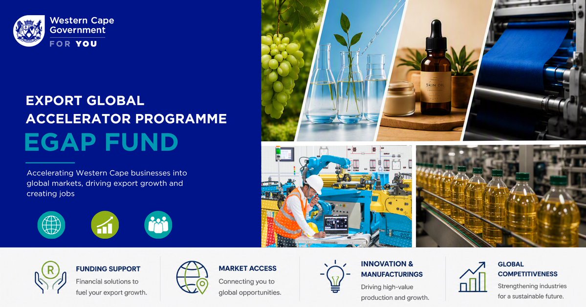 WesternCapeGov's tweet photo. The Western Cape Government has launched the Export Global Accelerator Programme (EGAP) Fund to help grow exports, unlock international market opportunities, and support job creation.

Visit https://t.co/uI9RaK4mWM more information. https://t.co/SuT0IcUHzA