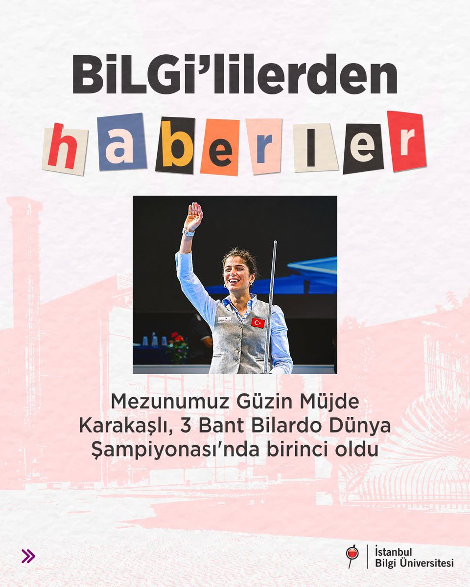 BiLGiOfficial's tweet photo. Hukuk Fakültesi ve Ekonomi Hukuku Yüksek Lisans Programı mezunumuz Güzin Müjde Karakaşlı, 15-17 Eylül 2026 tarihleri arasında Fransa’da düzenlenen Kadınlar 3 Bant Bilardo Dünya Şampiyonası’nda dünya şampiyonu oldu.
Üst üste üç kez Türkiye Şampiyonu olan ve uluslararası arenada önemli başarılara imza atan mezunumuz Güzin Müjde Karakaşlı’yı tebrik ediyor, başarılarının devamını diliyoruz.

Our alumna Güzin Müjde Karakaşlı, a graduate of the Faculty of Law and the Master’s Program in Economic Law, became world champion at the Women’s Three-Cushion Billiards World Championship held in France on September 15–17, 2026.
A three-time consecutive Turkish champion with notable achievements on the international stage, our alumna Güzin Müjde Karakaşlı continues to make us proud. We congratulate her on this outstanding achievement and wish her continued success.

#BİLGİ #İstanbulBilgiÜniversitesi