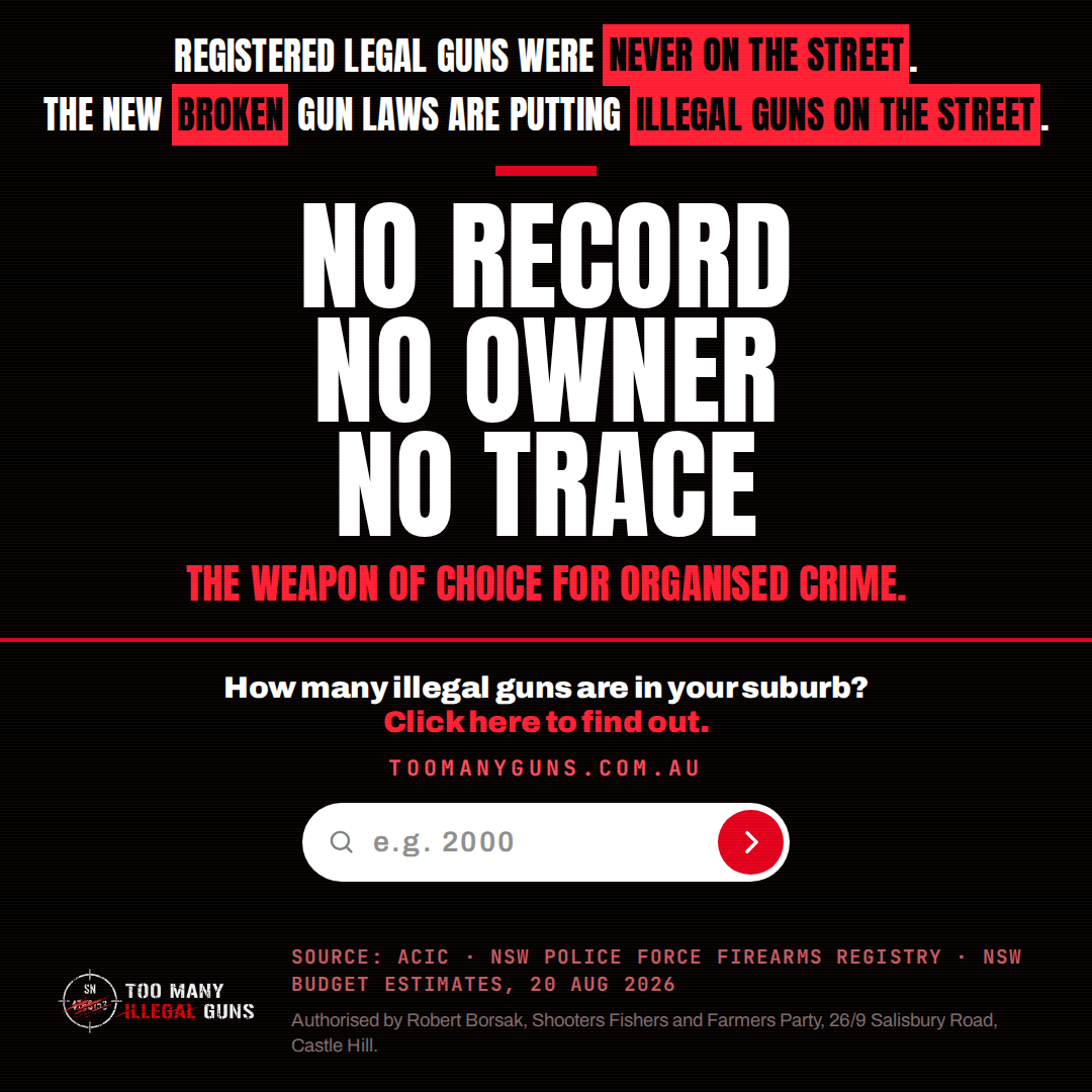 ShootersUnion's tweet photo. NSW's new gun laws are putting illegal gun laws on the street. The amnesty - designed to get unlawful guns out of circulation - is collapsing thanks to Government policies.
How many illegal guns are in your suburb? Find out by visiting
https://t.co/hrrZDcyGzg https://t.co/fkP0VQ2ZVY