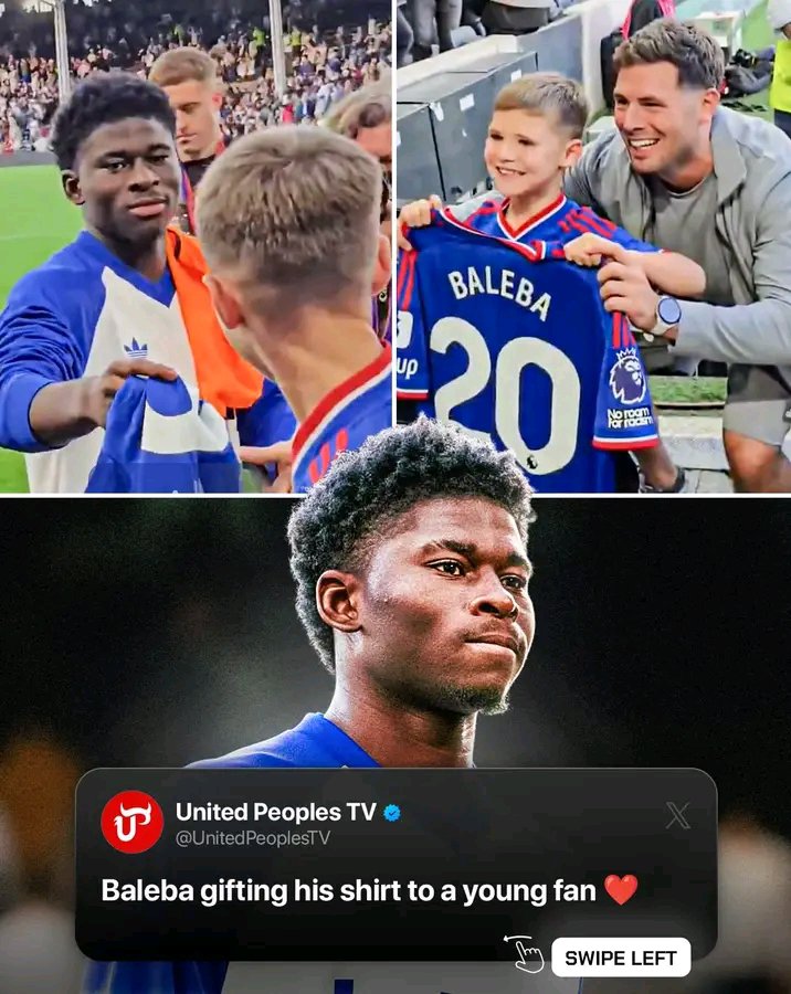Elvisgates69's tweet photo. Carlos Baleba hasn’t even kicked a ball yet and he’s already becoming a fan favourite at #MUFC.. ❤️
He made a young supporter’s Birthday after the game yesterday by giving him his new No. 20 shirt.
Get him on the pitch after the break for that intensity. https://t.co/fPR2AnDfb3