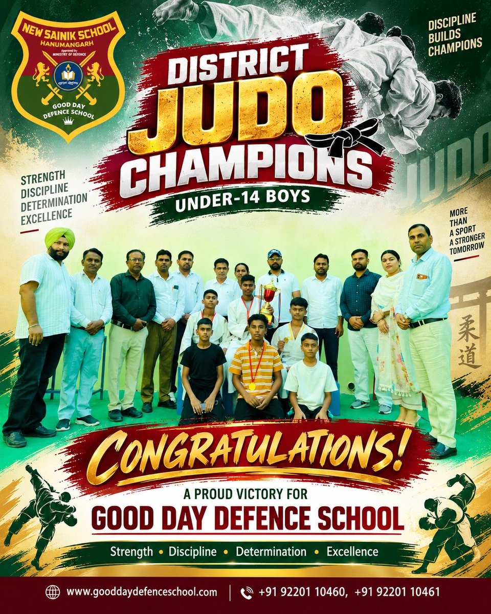 gooddaydefences's tweet photo. 🥋🏆 District Judo Champions! 🇮🇳

Proud moment for Good Day Defence School, Hanumangarh! Congratulations to our Under-14 Boys for their शानदार जीत! 💪🥇

#GoodDayDefenceSchool #JudoChampions #StudentAchievement #Hanumangarh #SainikSchool https://t.co/lJs8wqYDE3