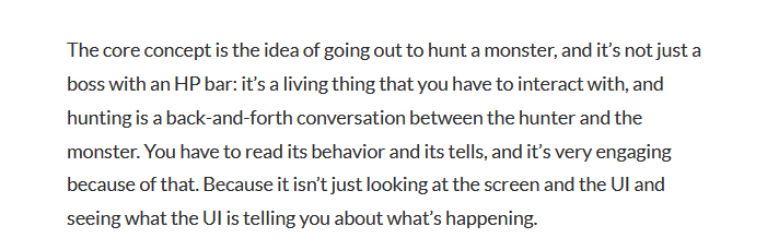 Oceaniz96's tweet photo. Very reassuring to see Tsujimoto just outright say that "monsters don't have health bars" is a fundamental piece of Monster Hunter's DNA https://t.co/jtB5PlbQaj