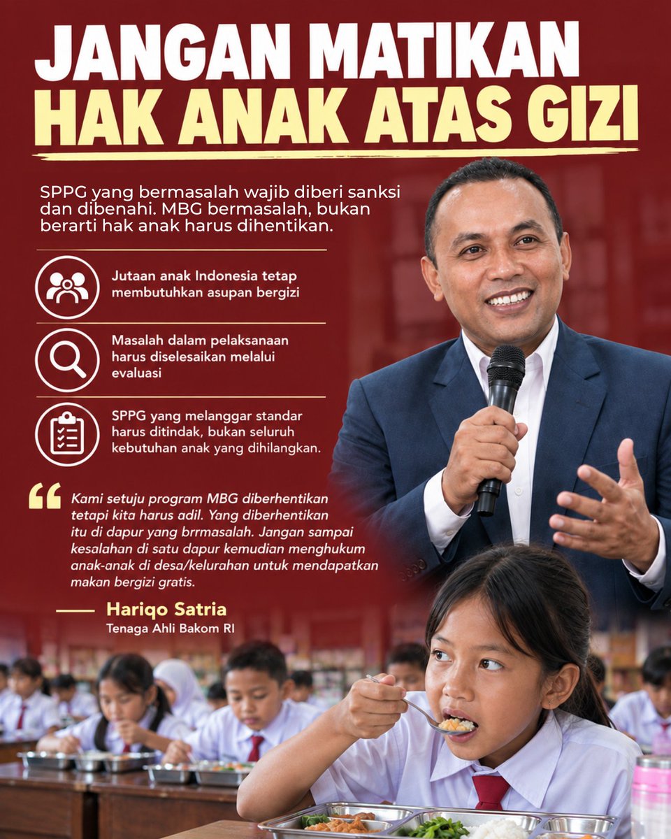 pendekar_kalcer's tweet photo. Evaluasi dan benahi dapur atau pengelola yang bermasalah, bukan mematikan hak jutaan anak untuk mendapatkan makanan bergizi! Mari dukung perbaikan program gizi anak demi masa depan bangsa yang lebih baik.
​#jagaindonesia #HakAnakAtasGizi #MBG #EvaluasiMBG #GiziAnakIndonesia https://t.co/RVsb6qonfG