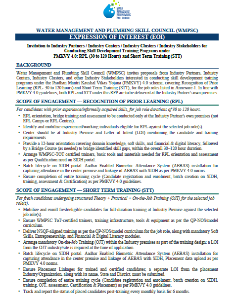 WMPSkillCouncil's tweet photo. WMPSC invites EOIs from Industry Partners, Centres, Clusters and Stakeholders to conduct RPL (30–120 hours) and STT programmes under PMKVY 4.0.
📅 Apply by: 27 Sept 2026
📧 rohit@wmpsc.in | projects@wmpsc.in
#WMPSC #PMKVY4 #SkillIndia #RPL #STT https://t.co/T4q9MJT9XY