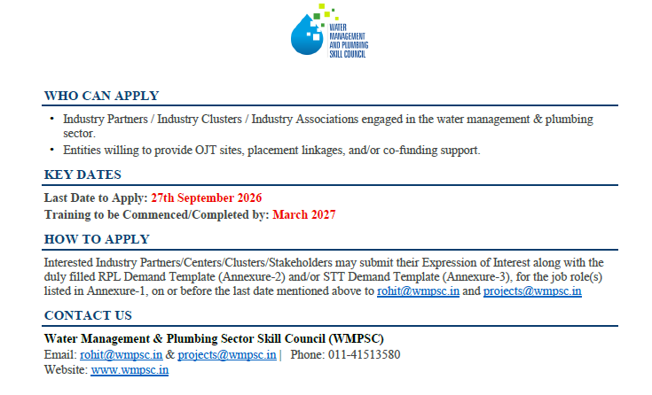 WMPSkillCouncil's tweet photo. WMPSC invites EOIs from Industry Partners, Centres, Clusters and Stakeholders to conduct RPL (30–120 hours) and STT programmes under PMKVY 4.0.
📅 Apply by: 27 Sept 2026
📧 rohit@wmpsc.in | projects@wmpsc.in
#WMPSC #PMKVY4 #SkillIndia #RPL #STT https://t.co/T4q9MJT9XY