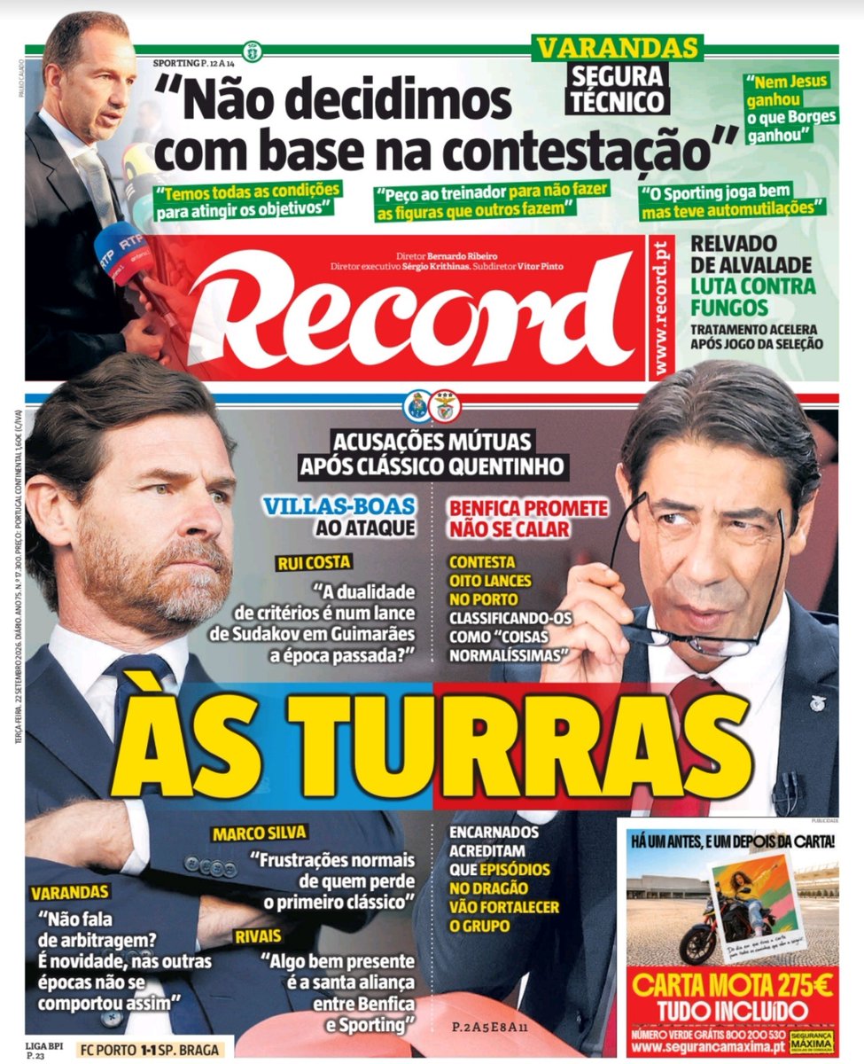 SportingCP_ar's tweet photo. 🗞️ غلاف الريكورد
🗓️ الثلاثاء 22/9/2026

🔸 فارانداس يبقي على المدرب 
🔸"لا نقرر بناءاً على الاحتجاجات" 
🔸"لدينا كل الإمكانيات لتحقيق أهدافنا"
🔸"أطلب من المدرب ألا يقوم بعمل المشاهد التي يعملها الآخرون"
🔸"سبورتنيغ يلعب جيداً و لكنه عانى من الاخطاء الفردية" 
"حتى جيسوس لم يفز بما فاز به بورجس"
🔸عشب الألفالادي يعاني من الفطريات و العلاج سيتسارع بعد مباراة المنتخب"