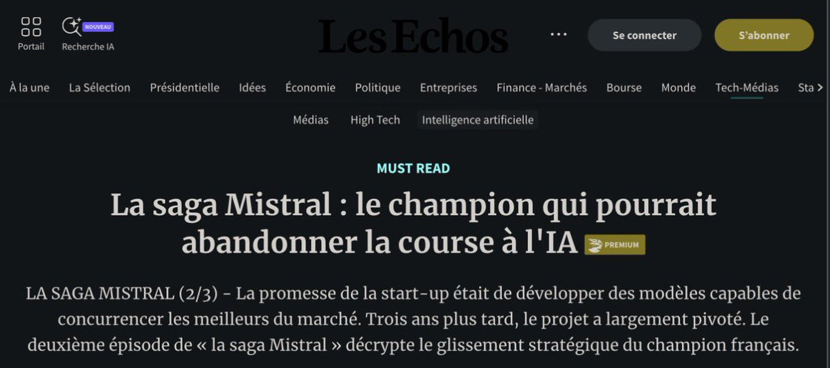 ProfSchrepel's tweet photo. GREAT piece of journalism. I sum up:
- @MistralAI is moving away from the desire to be a frontier lab 
- The company is now focusing on deployment within big companies (including the deployment of Chinese models).
- These companies CEOs find Mistral strategy hard to follow… which they don’t like (makes it for an uncertain business partner).

https://t.co/sv6noJt4LM